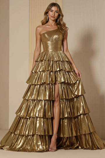 Metallic Golden A Line Tiered One Shoulder Prom Dress With Slit